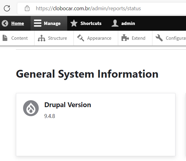 Versão do Drupal core exibida no relatório de status